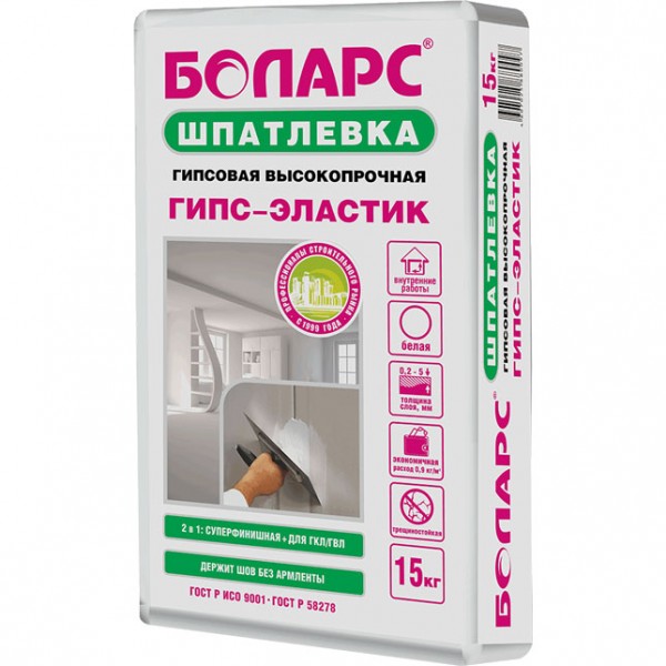 Шпатлевка гипсовая БОЛАРС ГИПС ЭЛАСТИК высокопрочная, 15 кг от магазина ЛесКонПром.ру