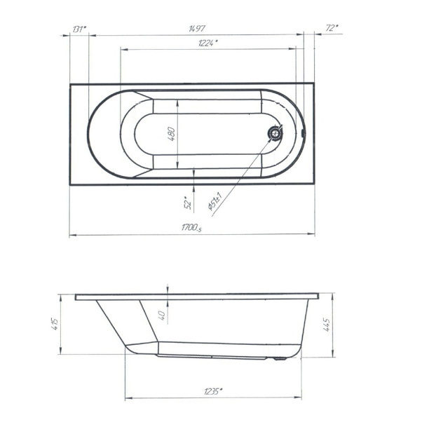 Акриловая ванна 100Acryl Atlas 170х70х45 см от магазина ЛесКонПром.ру