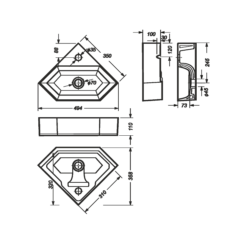 Раковина-чаша Sanita Luxe Line 49 LIN35SLWB01 угловая Белая от магазина ЛесКонПром.ру