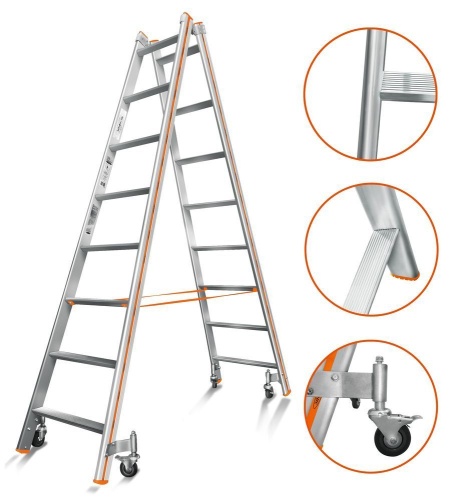 Двухсторонняя стремянка алюминиевая Эйфель 8 ступеней (арт. Комфорт - Профи 208 Роллер) от магазина ЛесКонПром.ру