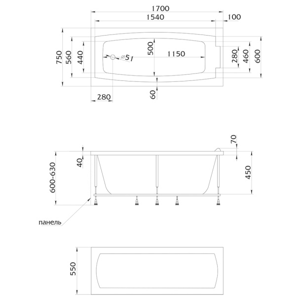 Акриловая ванна 100Acryl Aria 170х75х46,5 см от магазина ЛесКонПром.ру