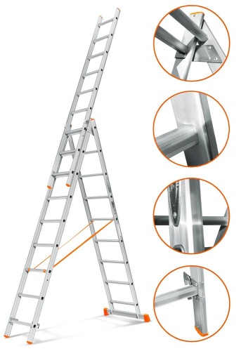 Трехсекционная алюминиевая лестница ГРАНИТ 3Х9 ступеней Эйфель от магазина ЛесКонПром.ру