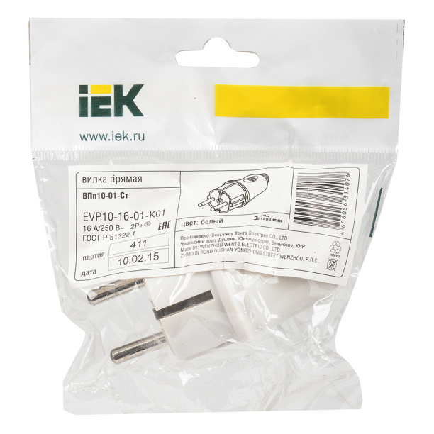 Вилка с заземлением белая IEK от магазина ЛесКонПром.ру