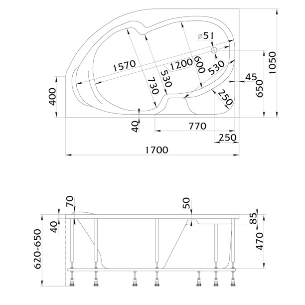 Акриловая ванна 100Acryl Acrylika 170х105х47 см правая от магазина ЛесКонПром.ру