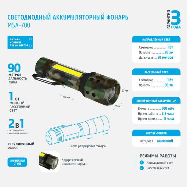 Фонарь ручной Фотон камуфляж 1 Вт аккумуляторный от магазина ЛесКонПром.ру