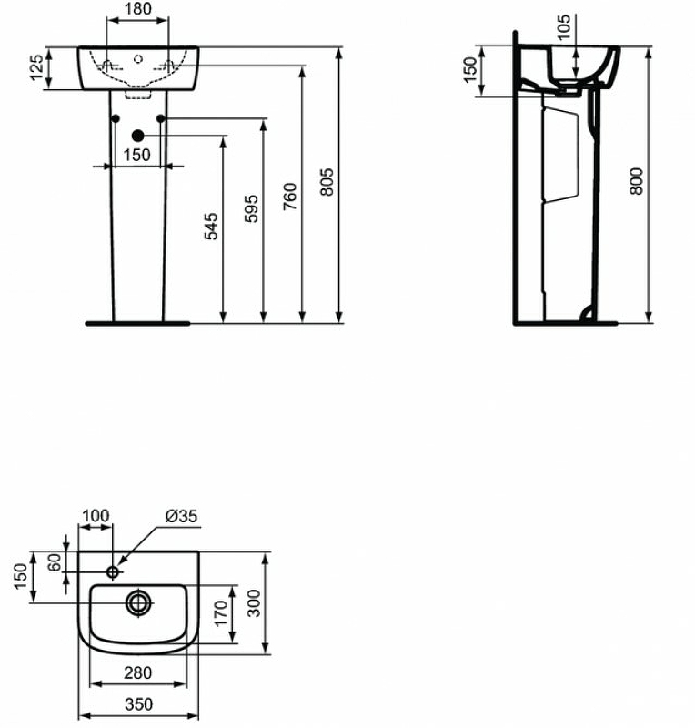 Раковина Ideal Standard Tempo 35 L T056801 Euro White от магазина ЛесКонПром.ру