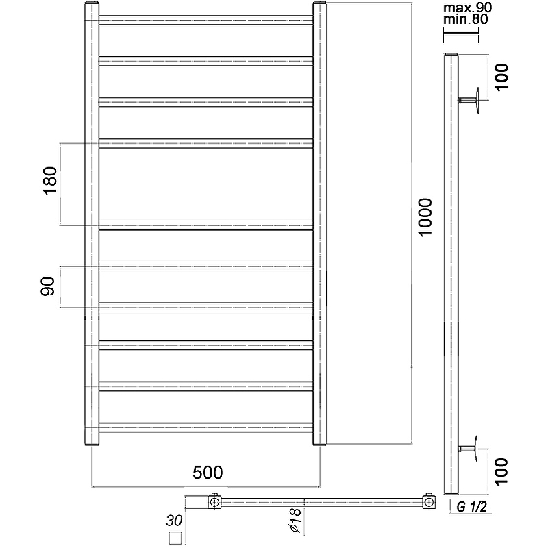 Водяной полотенцесушитель Domoterm Куба П10 500x1000 Хром от магазина ЛесКонПром.ру
