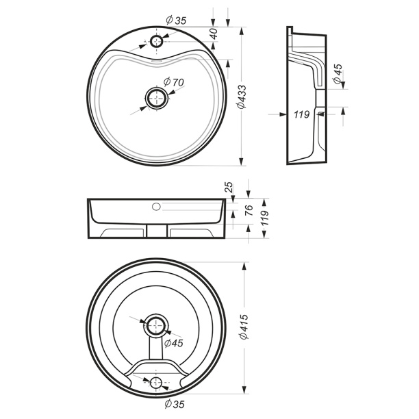 Раковина на столешницу SANITA LUXE Best Shelf d43 см от магазина ЛесКонПром.ру