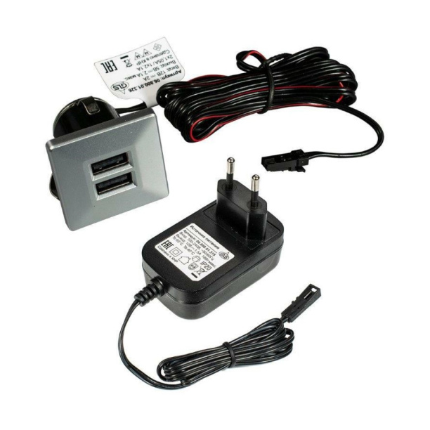 Зарядное устройство GLS 2 USB врезное серебро квадратное от магазина ЛесКонПром.ру