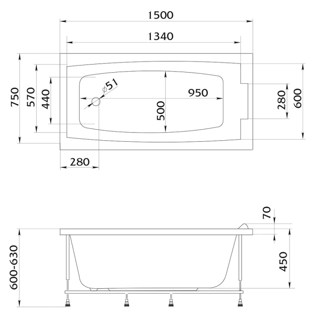Акриловая ванна 100Acryl Aria 150х75х45 см от магазина ЛесКонПром.ру