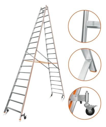 Двухсторонняя стремянка алюминиевая Эйфель 18 ступеней (арт. Комфорт - Профи 218 Роллер) от магазина ЛесКонПром.ру