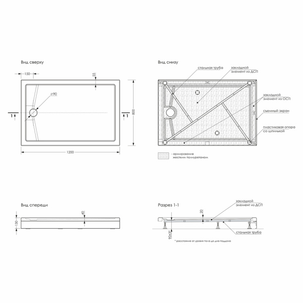 Душевой поддон 1ACReal 100х100 см сектор от магазина ЛесКонПром.ру