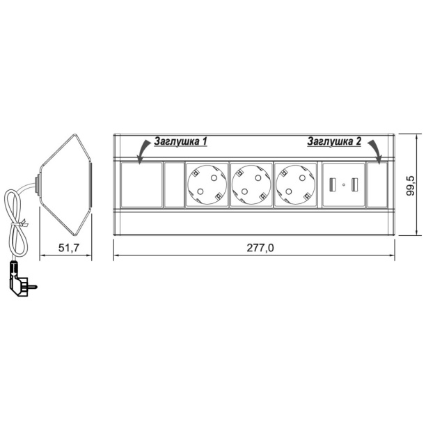 Блок розеток угловой GLS 3 розетки +2USB черный от магазина ЛесКонПром.ру
