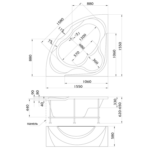 Акриловая ванна 100Acryl ACRYLENA 155х155х49 см угловая от магазина ЛесКонПром.ру