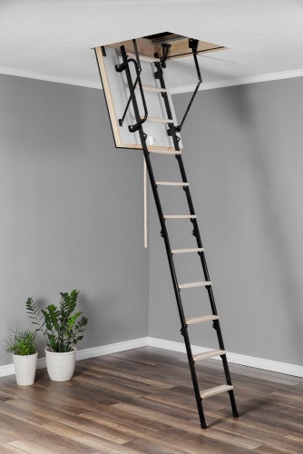 Чердачная стальная противопожарная с деревянными ступенями STALLUX EI45 с люком 60Х90, H 265см OMAN от магазина ЛесКонПром.ру