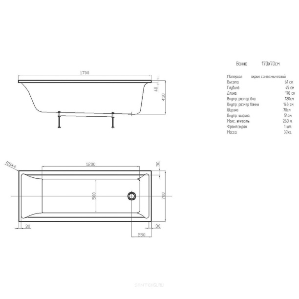 Акриловая ванна AQUATEK Лайма 170х70 см от магазина ЛесКонПром.ру